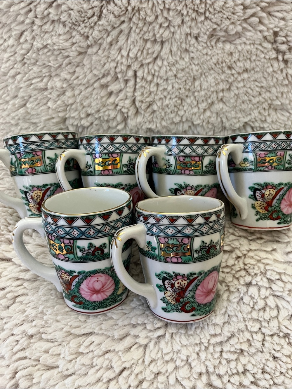 Set of 6 Porcelain Floral Mugs in Pink and Green